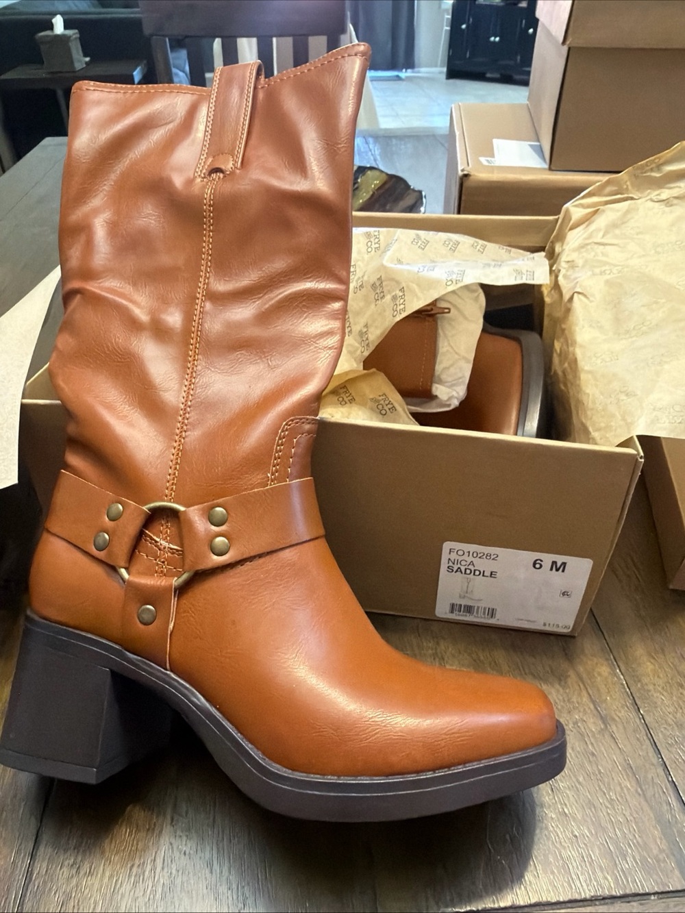 Frye and Co. Womens Nica Stacked Heel Motorcycle Boots Saddle 6 M $115 New